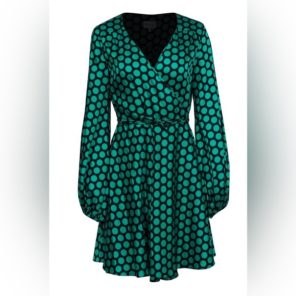 Milly Milky Siena Wrap Dress, Black Green Polka Dot (Medium) NWT $395 - Picture 2 of 8